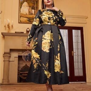 SHEIN Black and Gold Floral Long Sleeve Dress